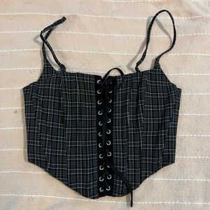 Garage Black and White Plaid Lace-Up Crop Top
